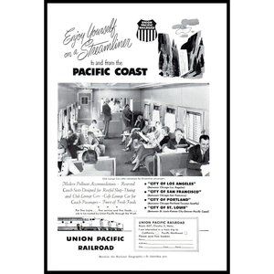 1953 Union Pacific Railroad Streamliner Club Lounge Car Vintage Print Ad Art